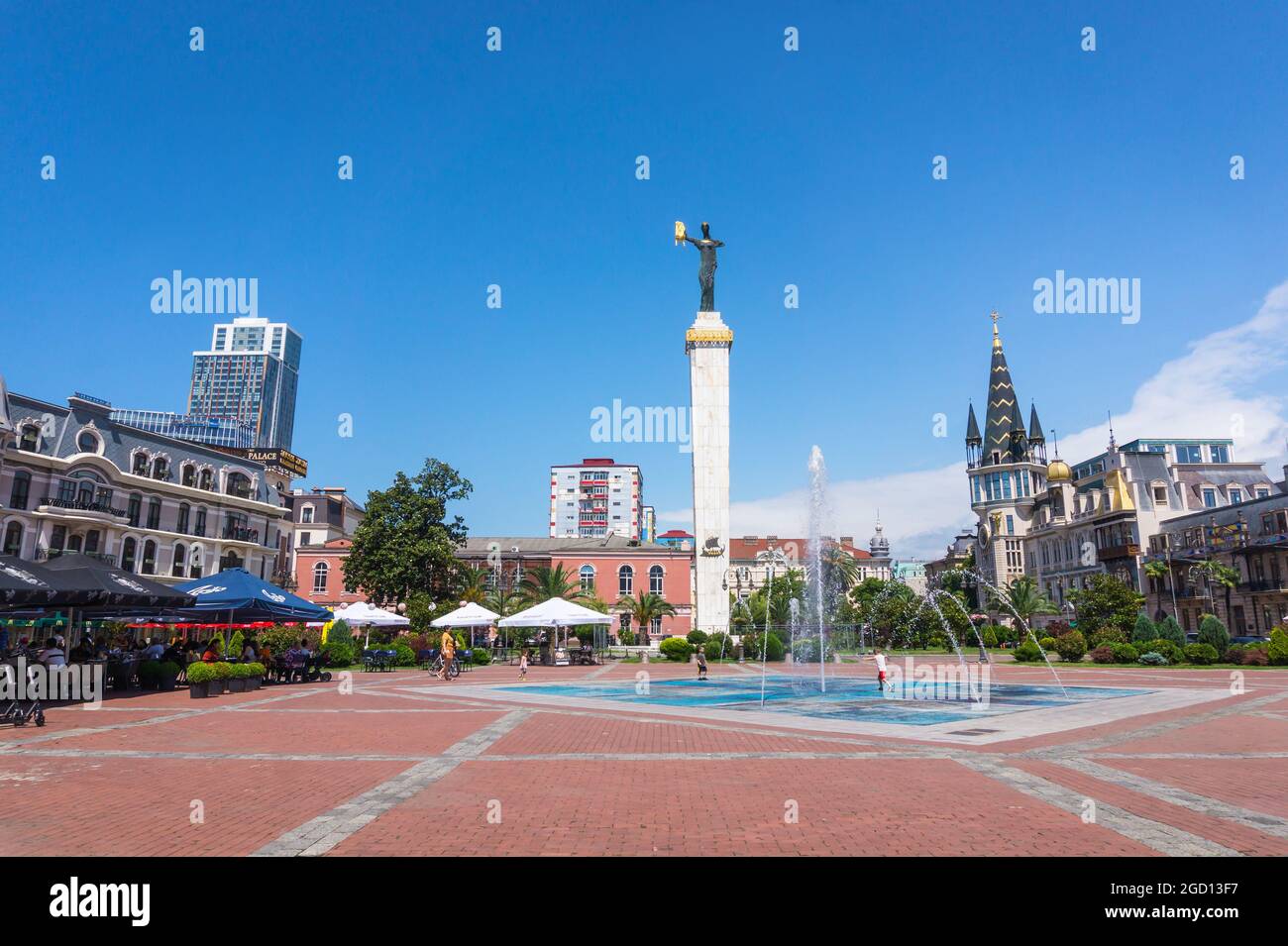 Batumi, Georgia - July 2, 2021: The European square with The Medea Monument, fountain and restaurants in city center of Batumi, Georgia in Summer Stock Photo