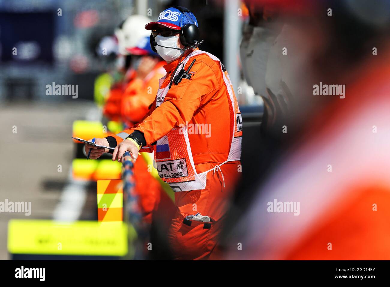 Circuit atmosphere - marshal in the pits. Russian Grand Prix, Friday 25th September 2020. Sochi Autodrom, Sochi, Russia. Stock Photo