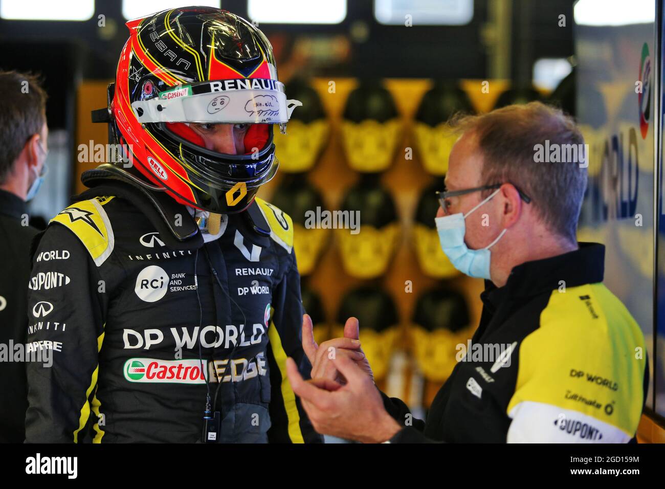 Esteban Ocon (FRA) Renault F1 Team with Mark Slade (GBR) Renault F1 Team Race Engineer. Eifel Grand Prix, Thursday 8th October 2020. Nurbugring, Germany. Stock Photo