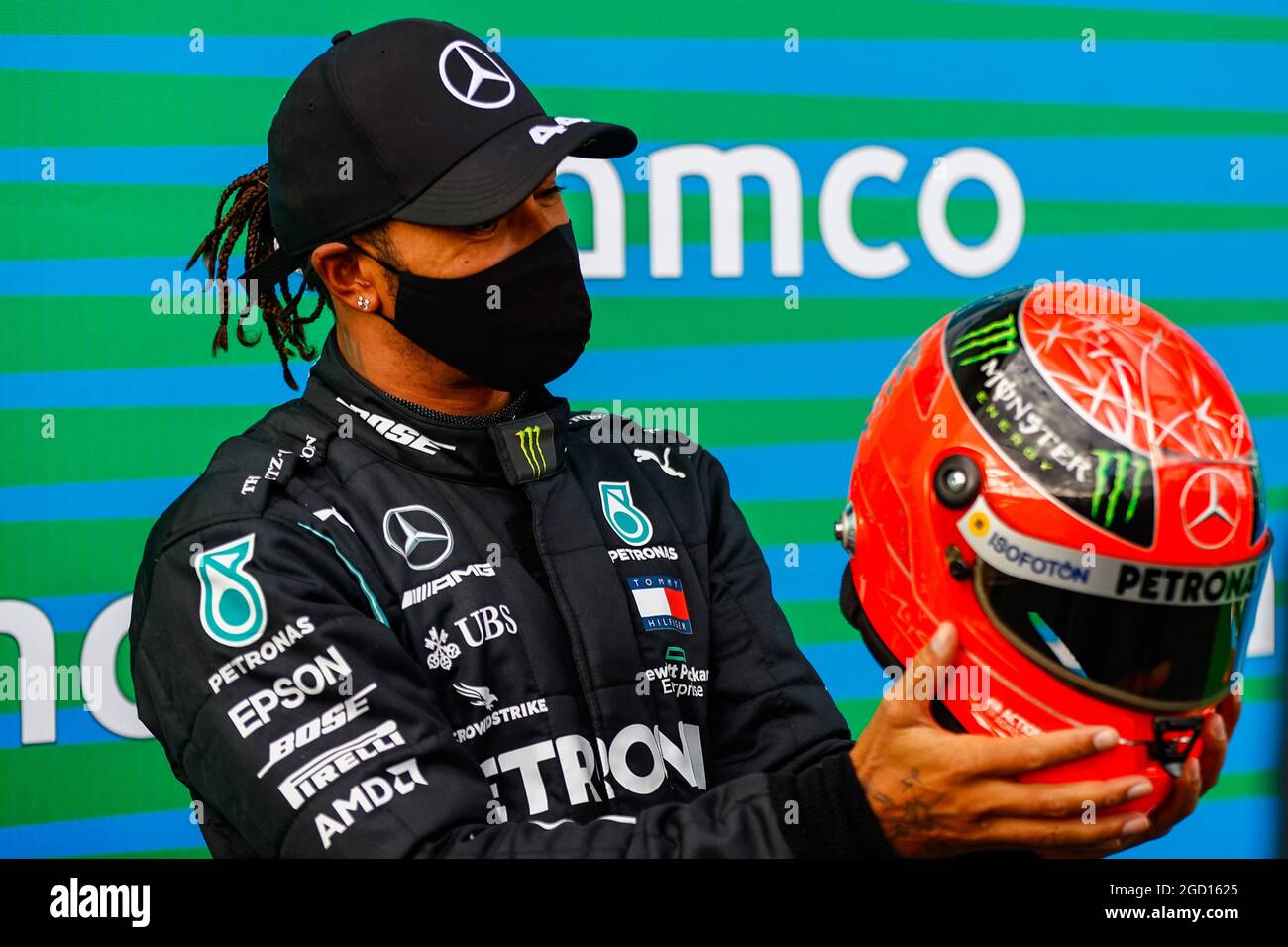 Race winner Lewis Hamilton (GBR) Mercedes AMG F1 is presented with the helmet of Michael Schumacher (GER) in parc ferme after equalling the record for the number of F1 victories. Eifel Grand Prix, Sunday 11th October 2020. Nurbugring, Germany. FIA Pool Image for Editorial Use Only Stock Photo