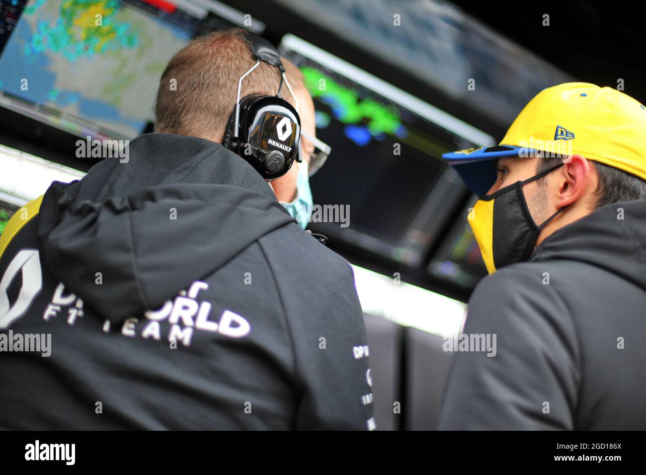 Esteban Ocon (FRA) Renault F1 Team with Mark Slade (GBR) Renault F1 Team Race Engineer. Turkish Grand Prix, Saturday 14th November 2020. Istanbul, Turkey. Stock Photo