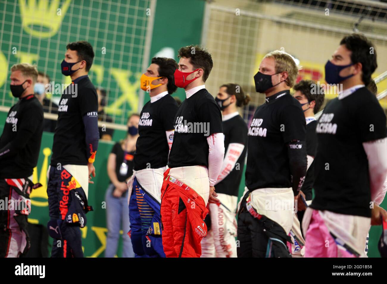 Drivers as the grid observes the national anthem. Sakhir Grand Prix