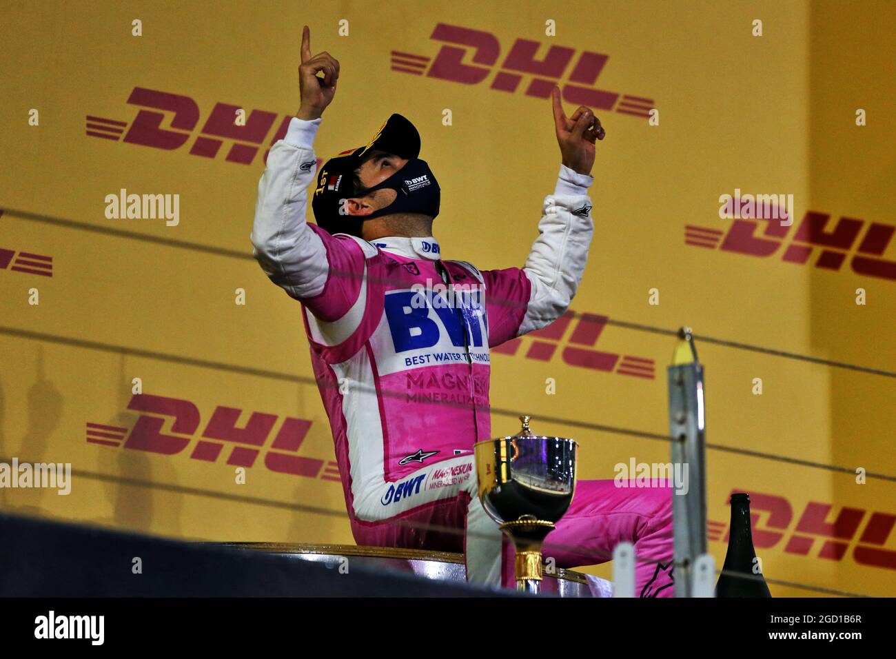 Race winner Sergio Perez (MEX) Racing Point F1 Team celebrates on the ...
