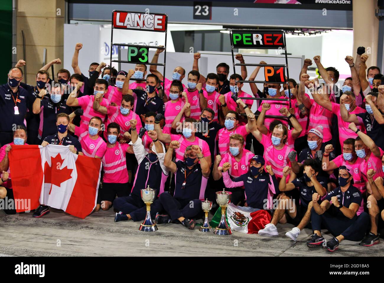 Racing Point F1 Team celebrates victory for Sergio Perez (MEX) Racing Point F1 Team and third place for Lance Stroll (CDN) Racing Point F1 Team. Sakhir Grand Prix, Sunday 6th December 2020. Sakhir, Bahrain. Stock Photo