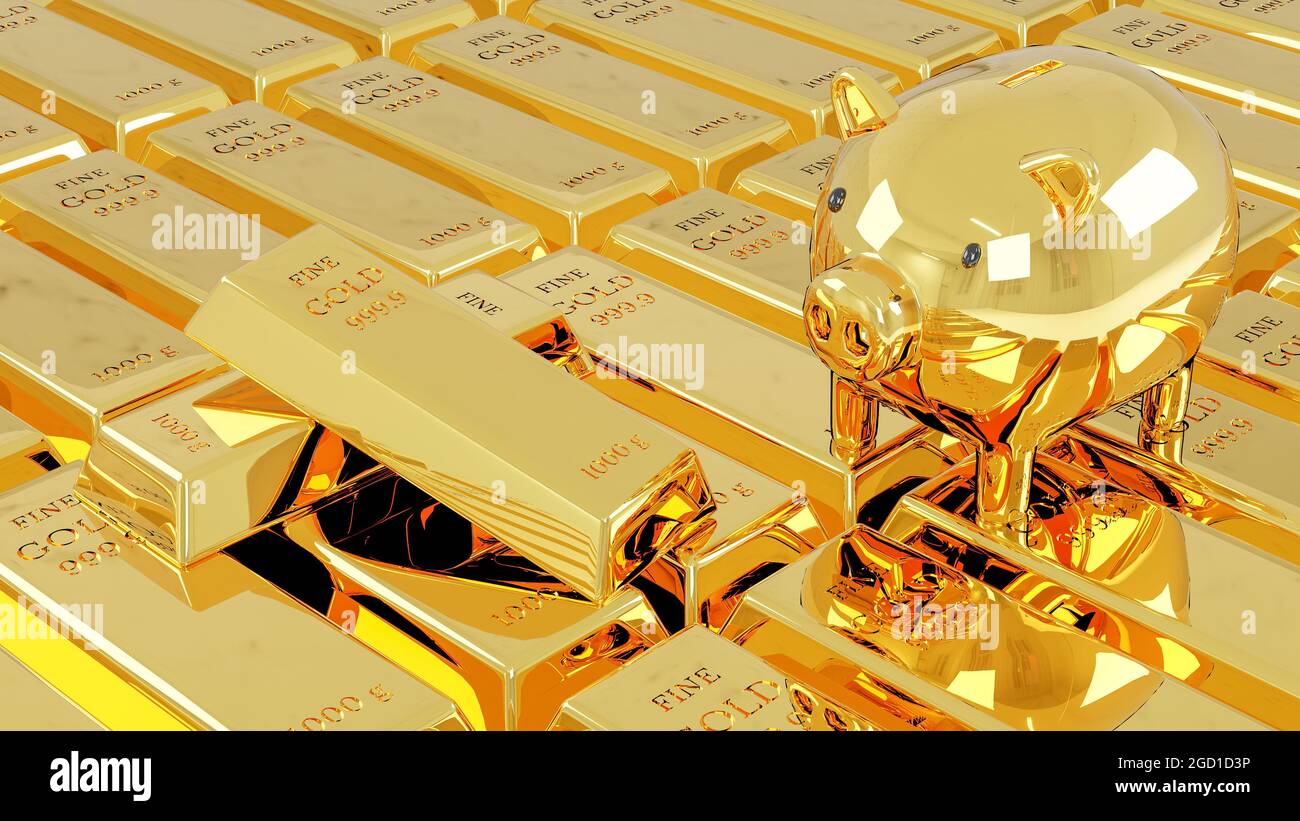 Fine gold bars weight of 1000 grams on stack of fine gold bars with gold piggy bank. Financial