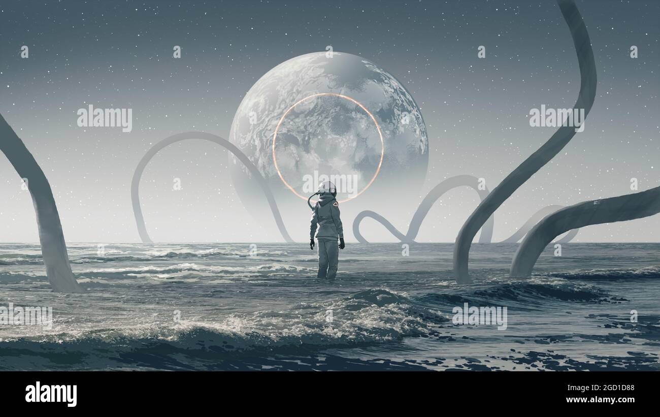 astronaut standing in the strange sea and looking at the planet in the sky, digital art style, illustration painting Stock Photo