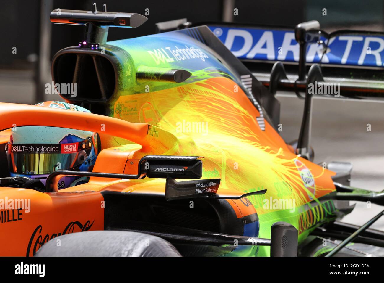 Daniel Ricciardo (AUS) McLaren MCL35M - flow-vis paint on the engine cover.  Formula One Testing, Saturday 13th March 2021. Sakhir, Bahrain Stock Photo  - Alamy