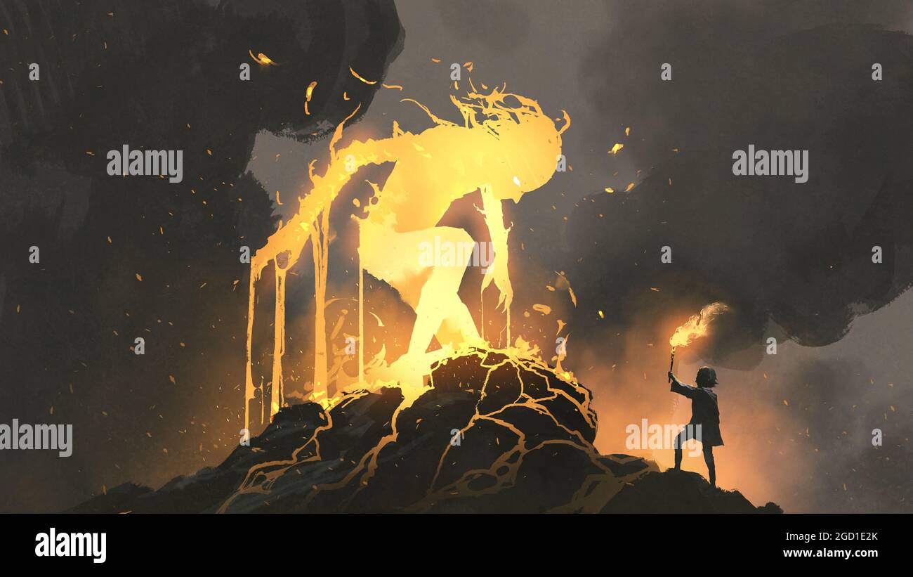 A kid standing and holding a torch facing a burning giant, digital art style, illustration painting Stock Photo