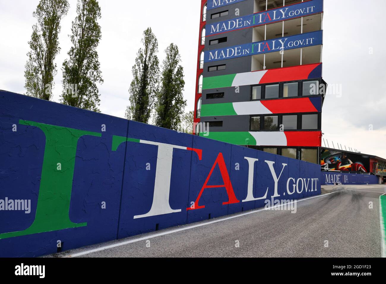 Circuit atmosphere - Made In Italy branding - race title sponsors. Emilia Romagna Grand Prix, Thursday 15th April 2021. Imola, Italy. Stock Photo