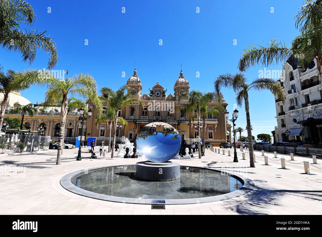 Scenic Monaco mirror ball fountain outside the Casino. Monaco Grand
