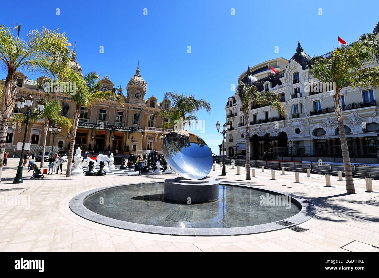 Scenic Monaco - mirror ball fountain outside the Casino. Monaco Grand Prix, Wednesday 19th May 2021. Monte Carlo, Monaco. Stock Photo