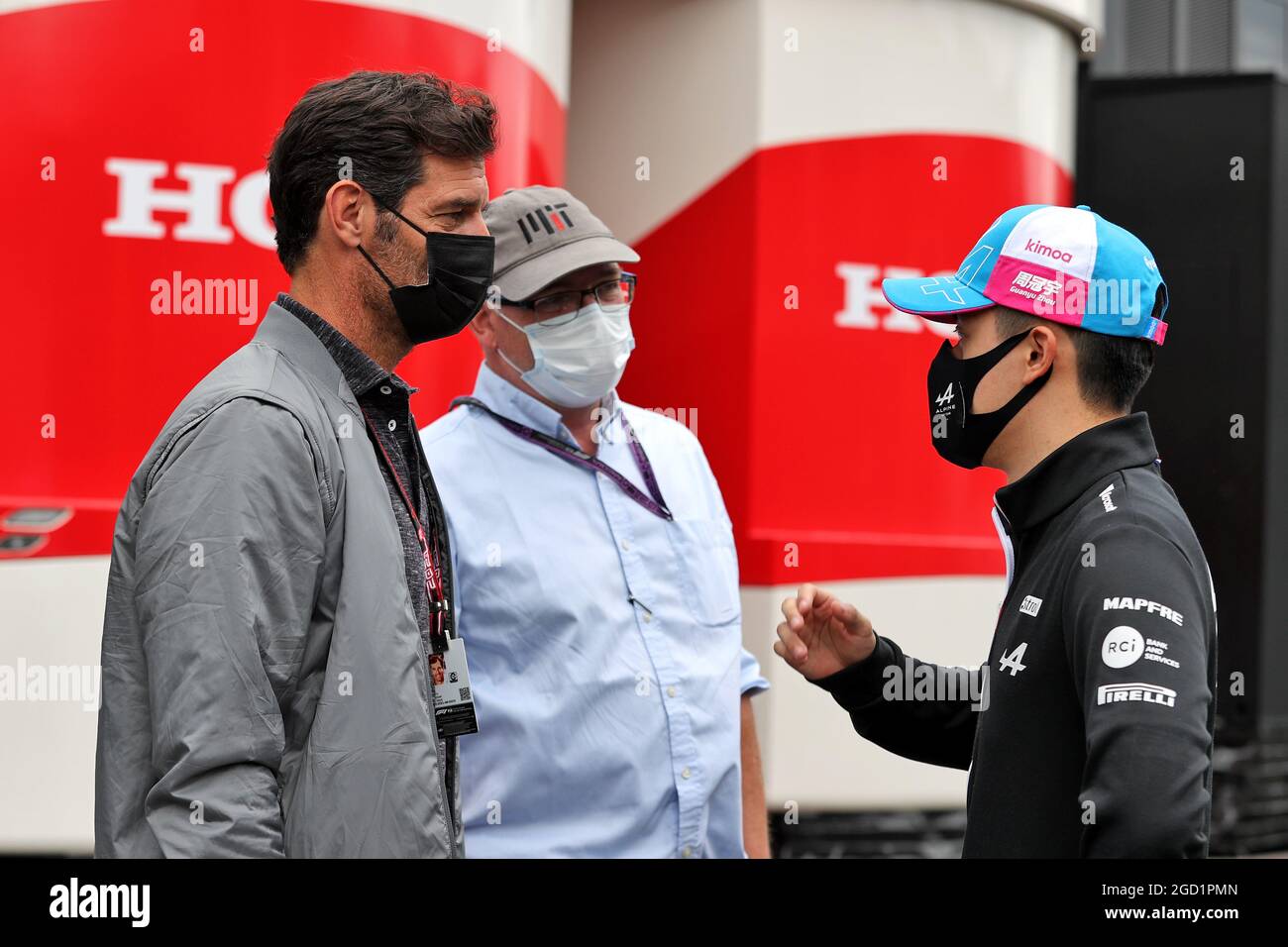 (L to R): Mark Webber (AUS) Channel 4 Presenter; Joe Saward (GBR) Journalist; and Guanyu Zhou (CHN) Alpine F1 Team Test Driver. Austrian Grand Prix, Friday 2nd July 2021. Spielberg, Austria. Stock Photo