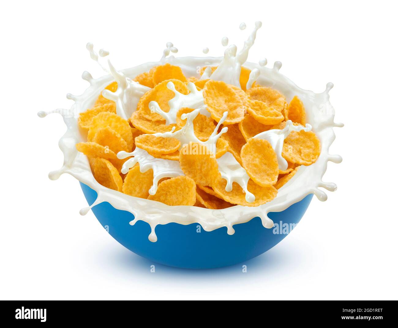 Corn flakes with milk splashes isolated on white background Stock Photo