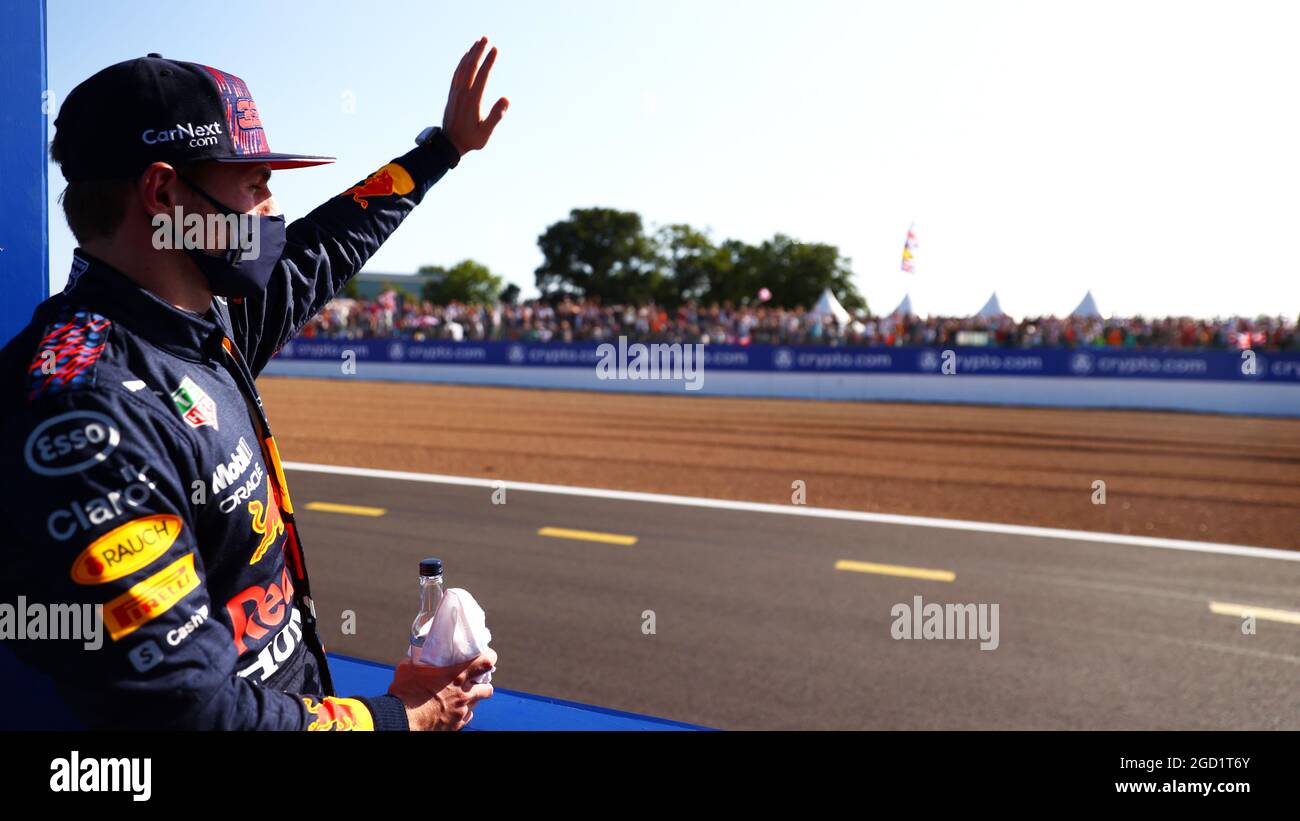 Max Verstappen (NLD) Red Bull Racing on the Sprint Victory Lap Truck. British Grand Prix, Saturday 17th July 2021. Silverstone, England. FIA Pool Image for Editorial Use Only Stock Photo