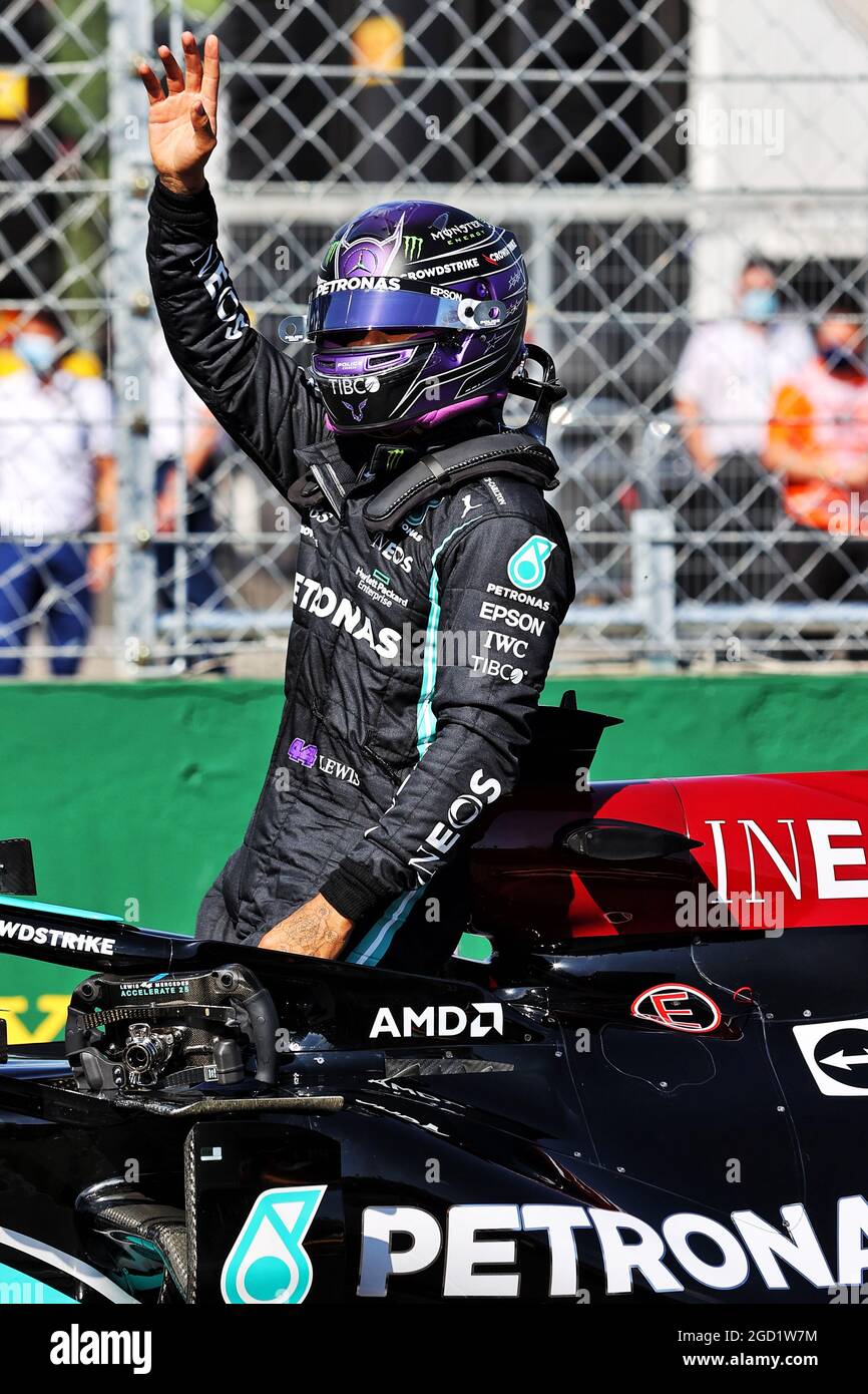 Lewis Hamilton (GBR) Mercedes AMG F1 W12 celebrates his pole position in qualifying parc ferme. Hungarian Grand Prix, Saturday 31st July 2021. Budapest, Hungary. Stock Photo