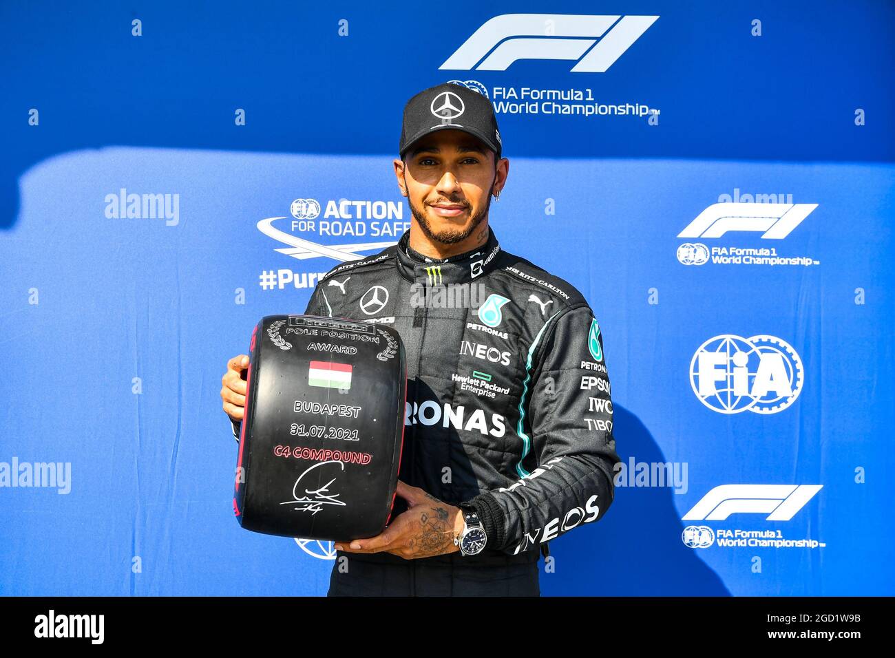 Lewis Hamilton (GBR) Mercedes AMG F1 with the Pirelli Pole Position Award  in qualifying parc ferme. Hungarian Grand Prix, Saturday 31st July 2021.  Budapest, Hungary. FIA Pool Image for Editorial Use Only