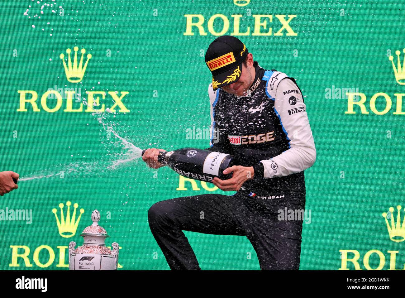 race winner esteban ocon fra alpine f1 team celebrates on the podium hungarian grand prix sunday 1st august 2021 budapest hungary stock photo alamy