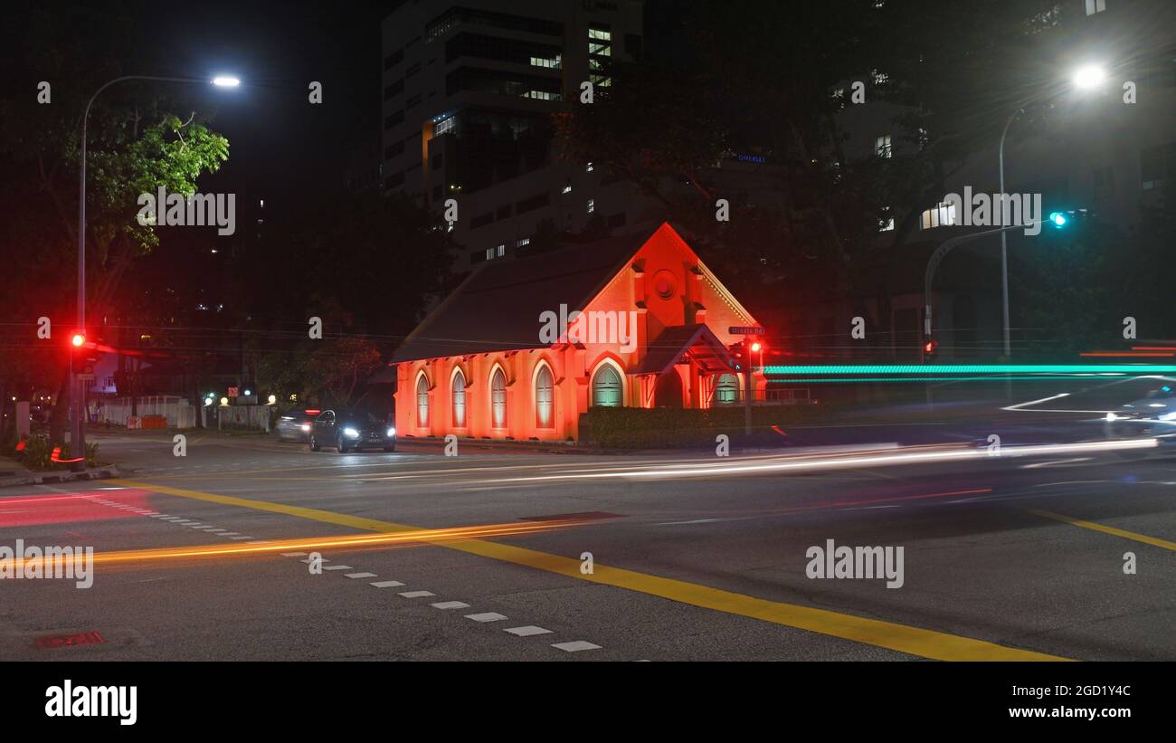 Singapore. 10th Aug, 2021. Photo taken on Aug 10, 2021 shows light projections on the facade of Objectifs, a center for photography and film arts in Singapore, in celebration of the country's 56th anniversary of independence. Credit: Then Chih Wey/Xinhua/Alamy Live News Stock Photo