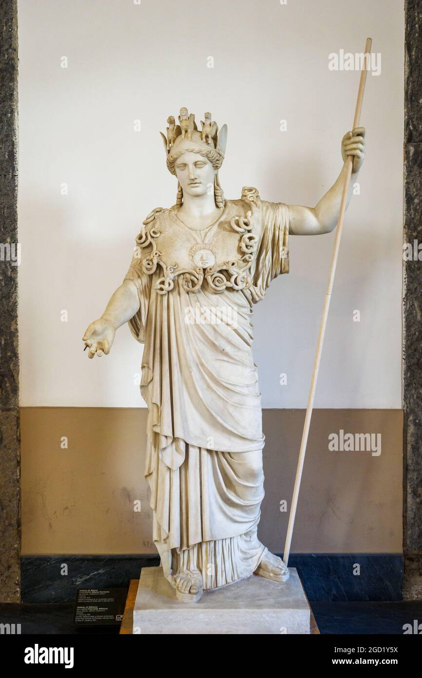 Statue of Athena so called Farnese Athena from Rome, Albani collection marble 1st century AD roman replica after a greek prototype from the school of Phidias dating back to the 5th century BC National Archaeological Museum of Naples, Italy Stock Photo
