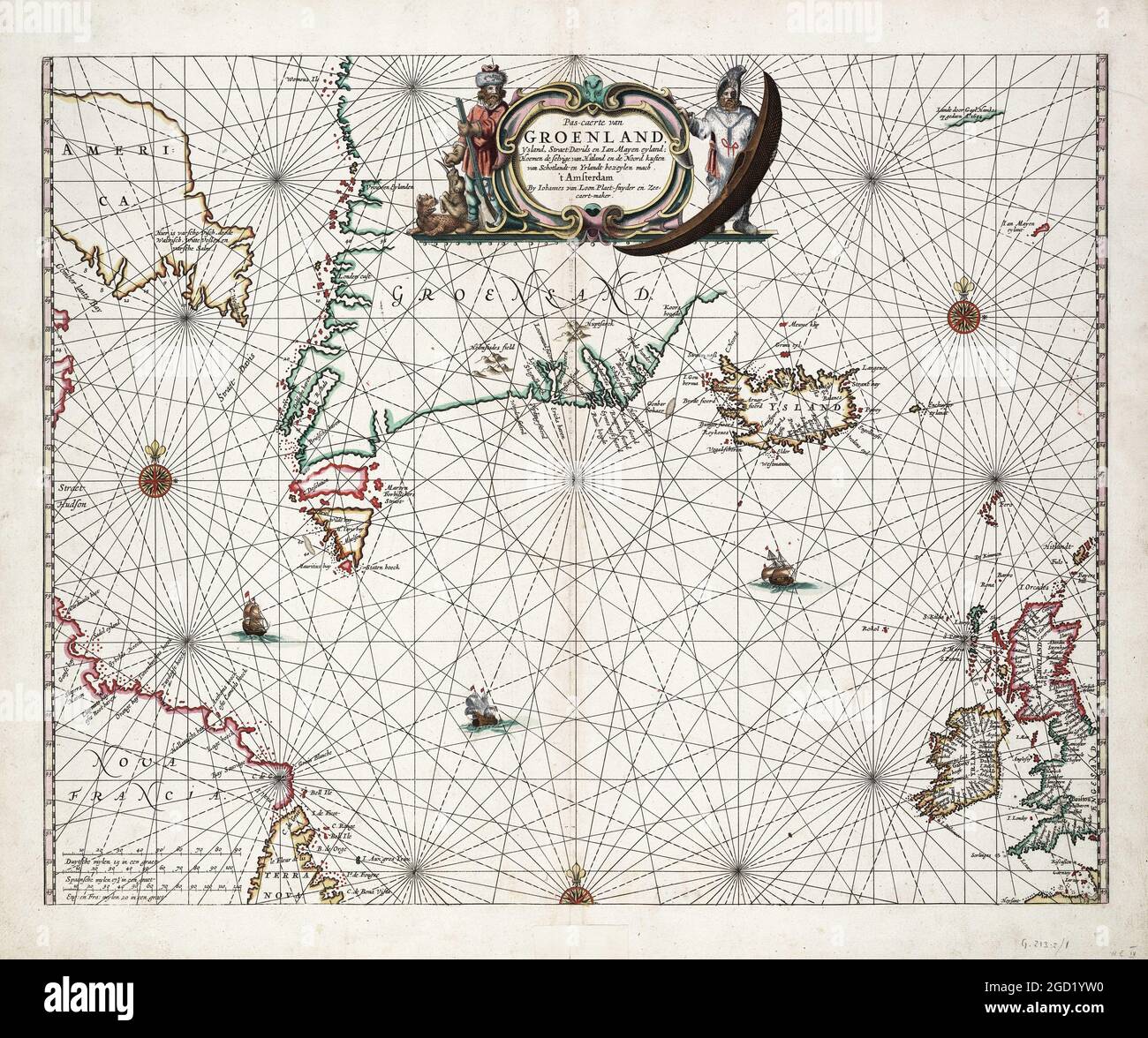 Antique map including Greenland, Iceland, Jan Mayen, Davis Strait, Canada. From van Loon's Klaer lichtende noort ster ofte zee atlas, 1661. Stock Photo