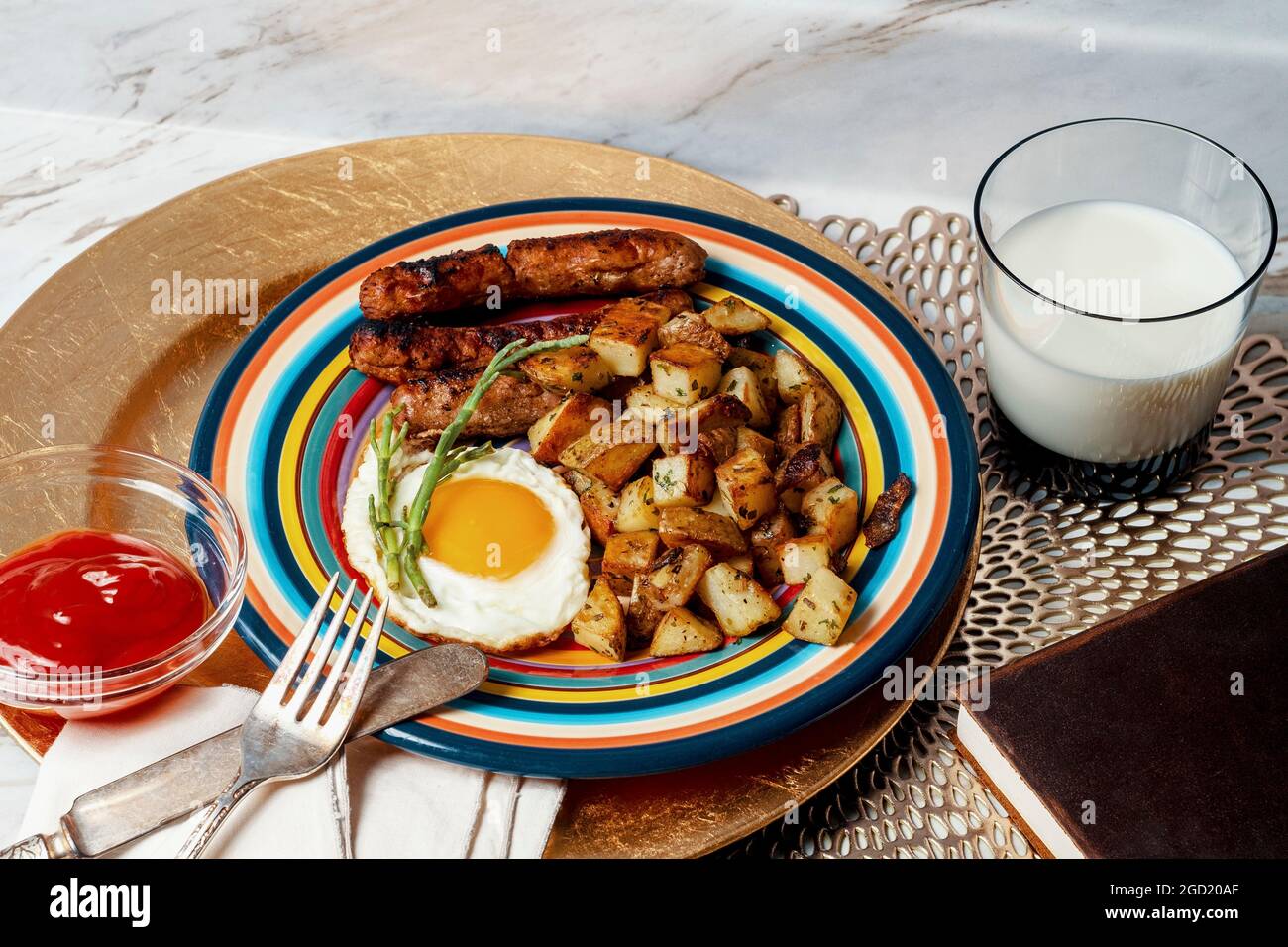 Complete American breakfast fried sunny side up eggs sausage potatoes o