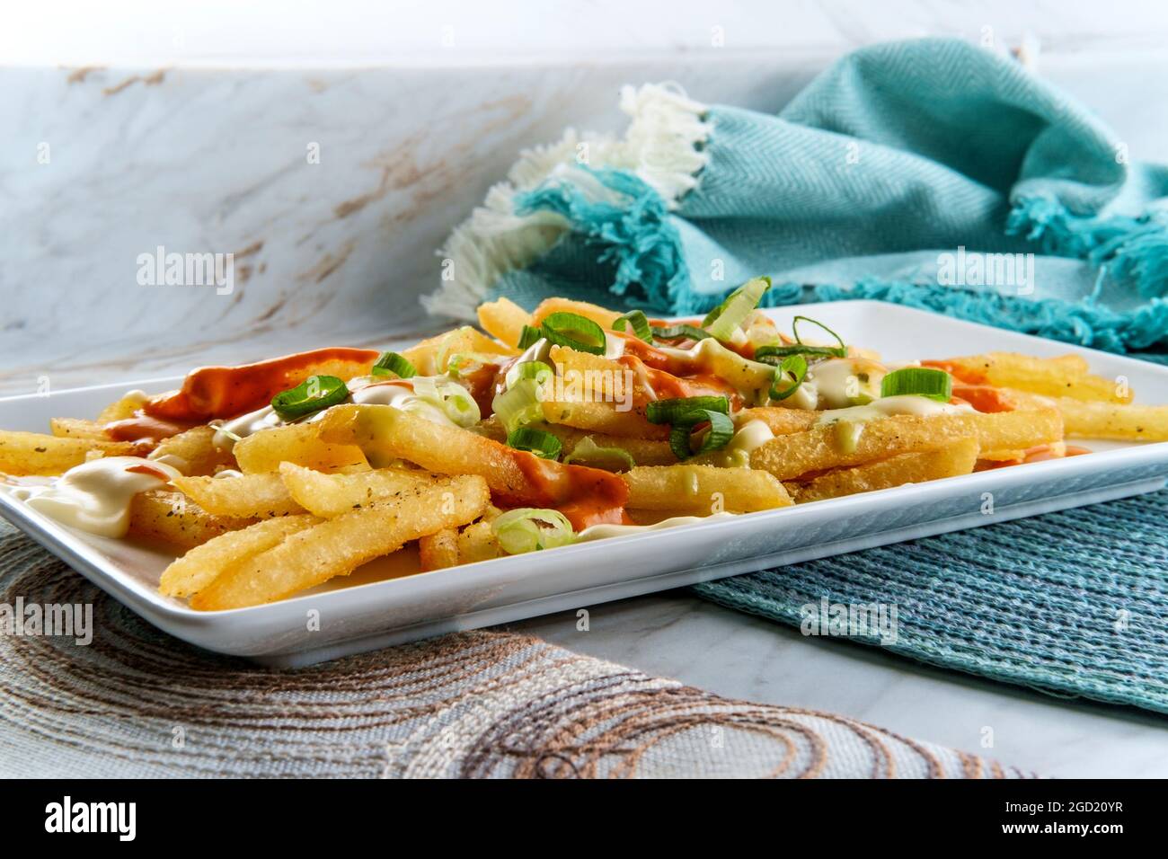 Loaded pepper jack cheese fries with chipotle sauce and scallions Stock Photo