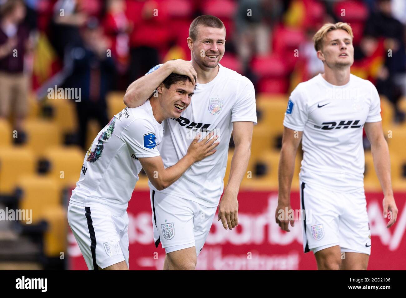 Farum, Denmark. 9th Aug, 2021. Oliver Villadsen (23) of FC Nordsjaelland scores and celebrates with Mads Dohr Thychosen (2) during the 3F Superliga match between FC Nordsjaelland and Odense Boldklub in Right to Dream Park in Farum, Denmark. (Photo Credit: Gonzales Photo/Alamy Live News Stock Photo