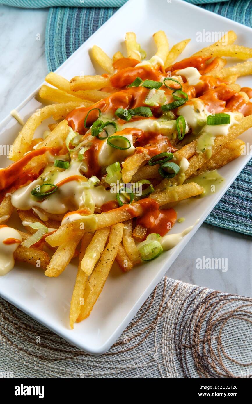 Loaded pepper jack cheese fries with chipotle sauce and scallions Stock Photo