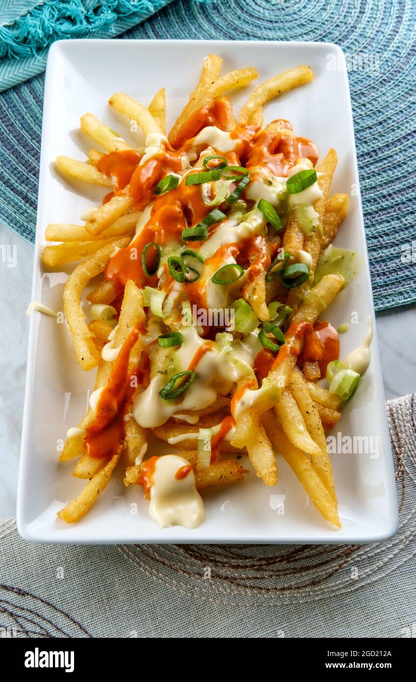 Loaded pepper jack cheese fries with chipotle sauce and scallions Stock Photo