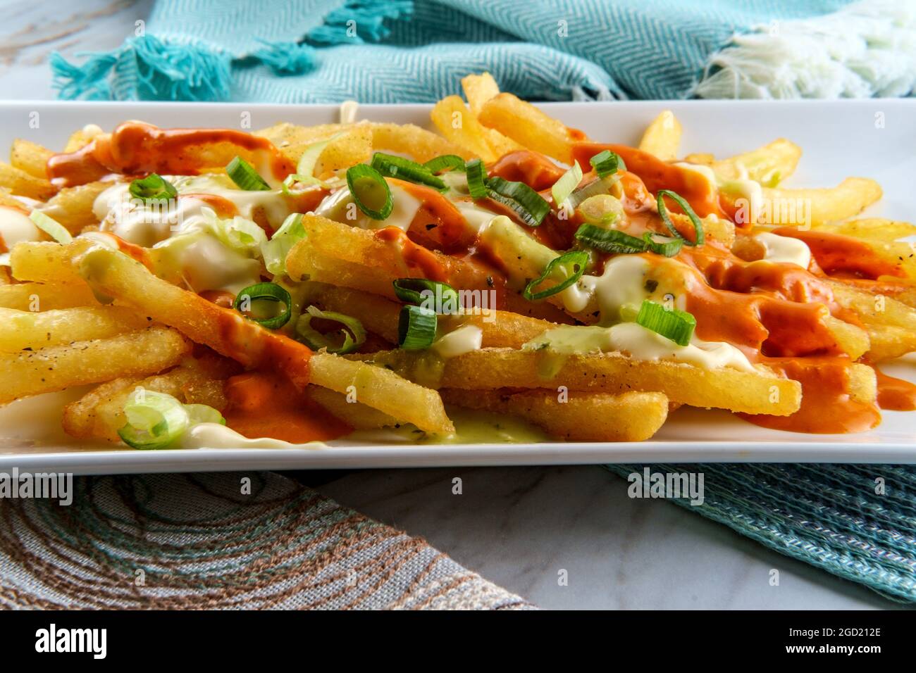 Loaded pepper jack cheese fries with chipotle sauce and scallions Stock