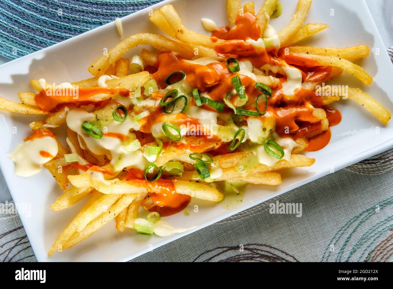 Loaded pepper jack cheese fries with chipotle sauce and scallions Stock Photo