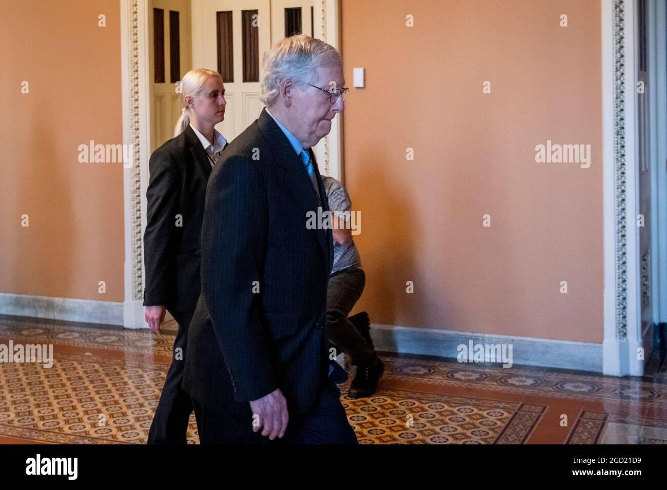 Washington, United States Of America. 10th Aug, 2021. United States Senate Minority Leader Mitch McConnell (Republican of Kentucky) arrives at the US Capitol in Washington, DC, Tuesday, August 10, 2021. The Senate is expected to vote today on final passage of the bipartisan $1 trillion H.R. 3684, Infrastructure Investment and Jobs Act. Credit: Rod Lamkey/CNP Photo via Credit: Newscom/Alamy Live News Stock Photo