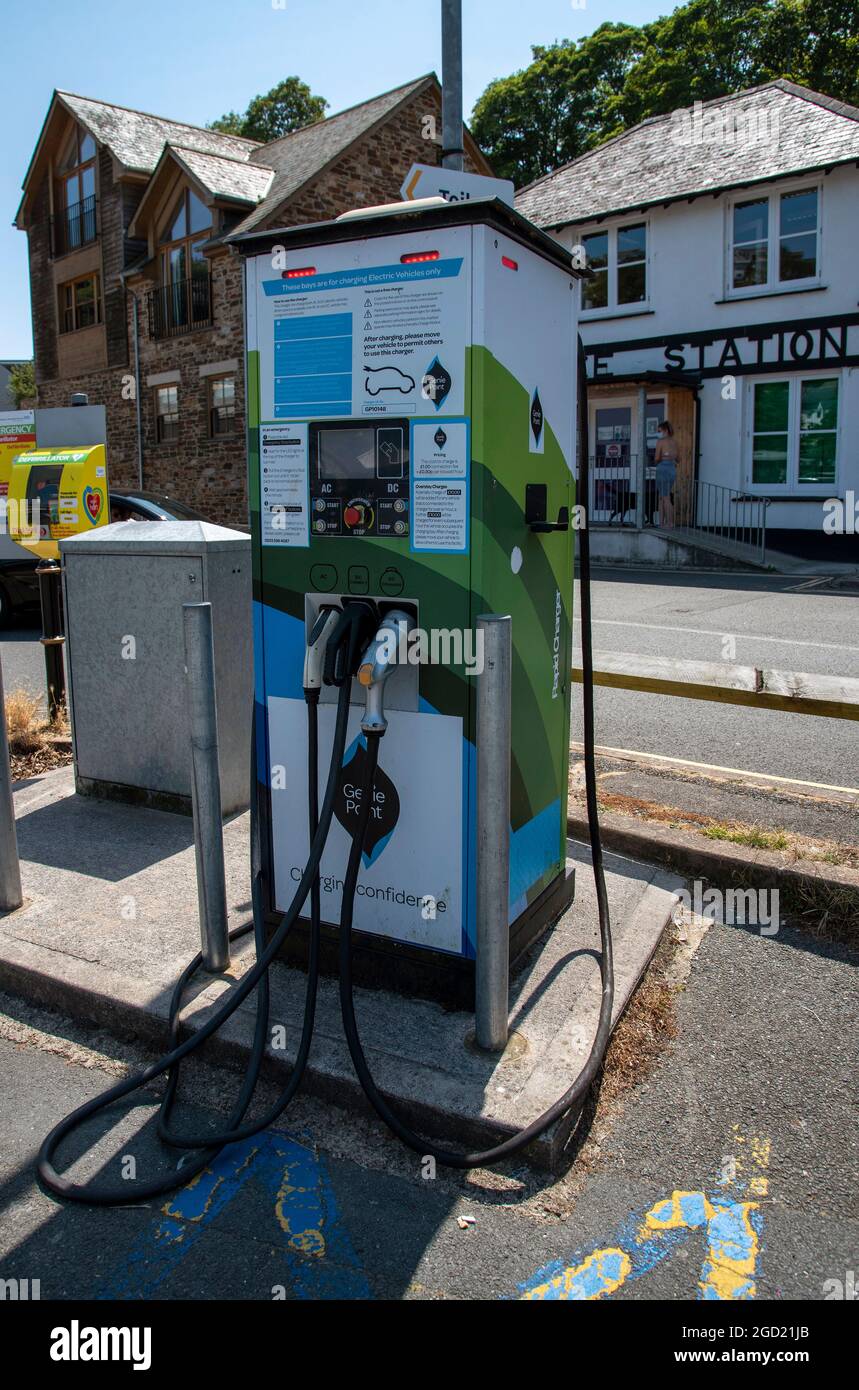 Looe, Cornwall, England, UK. 2021.  Electric car charger in a public car park  ready for use. Stock Photo