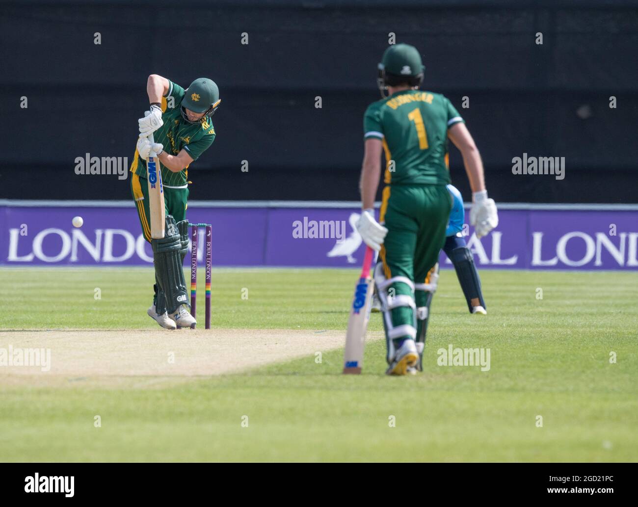 Grantham Cricket ground, Grantham, UK.10th August 2021. Ben Slater batting for Nottinghamshire in the Royal London one day cup with group B Nottinghamshire Outlaws taking on Northamptonshire Steelbacks at the Grantham cricket ground. Credit: Alan Beastall/Alamy Live News. Stock Photo