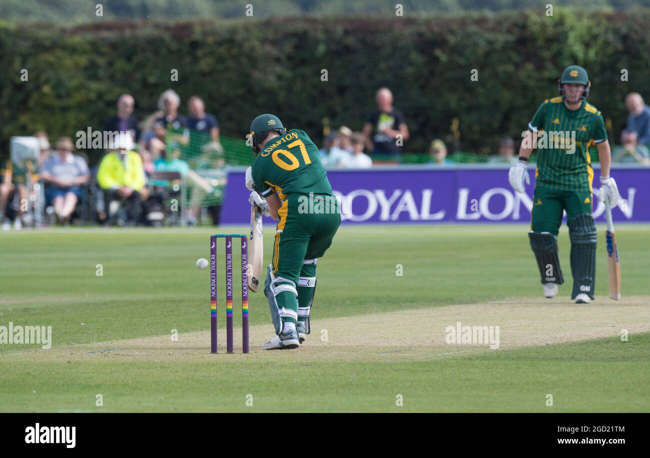 Grantham Cricket ground, Grantham, UK.10th August 2021. Ben Crompton batting for Nottinghamshire in the Royal London one day cup with group B Nottinghamshire Outlaws taking on Northamptonshire Steelbacks at the Grantham cricket ground. Credit: Alan Beastall/Alamy Live News. Stock Photo