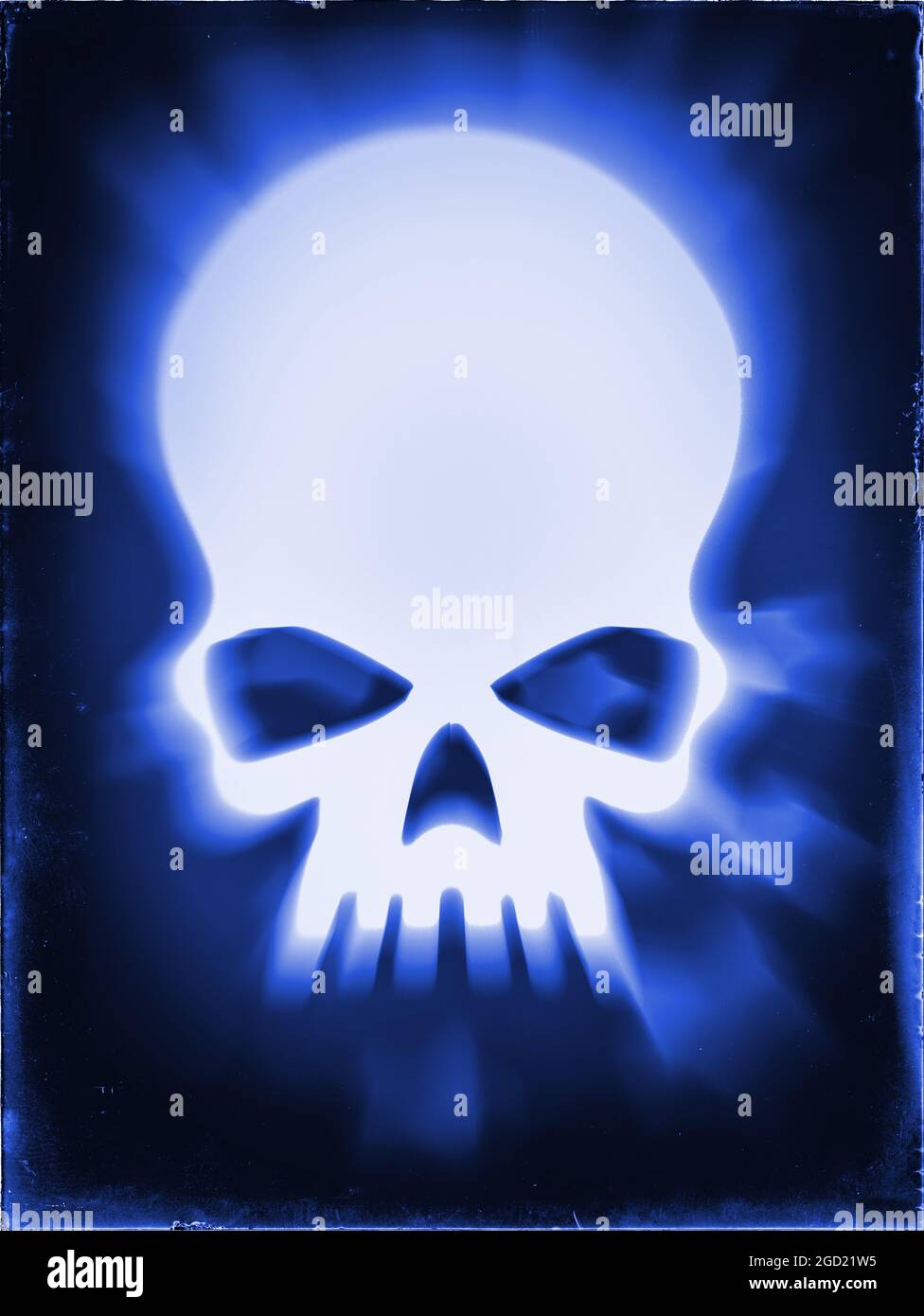 White distorted Pirate skull on a blue vintage background Stock Photo