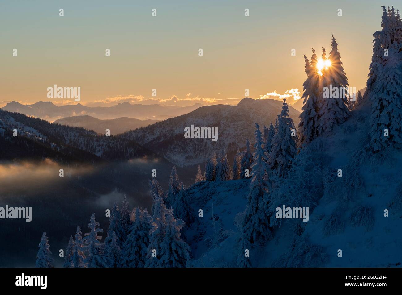 geography / travel, Germany, Bavaria, winter morning Bodenschneid, Bavarian Alps, ADDITIONAL-RIGHTS-CLEARANCE-INFO-NOT-AVAILABLE Stock Photo