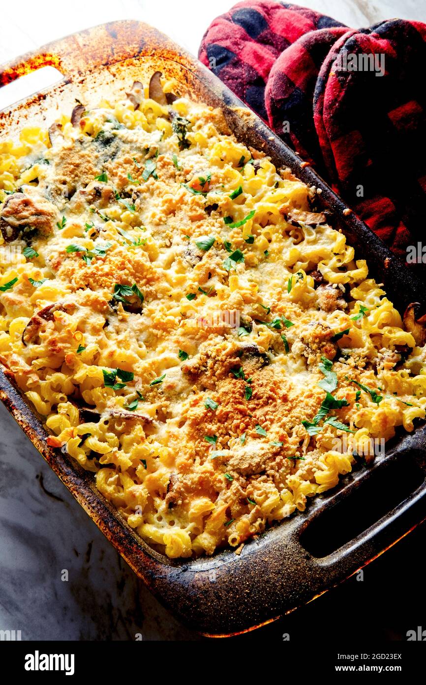Mushroom spinach mac and cheese casserole with oven mits Stock Photo