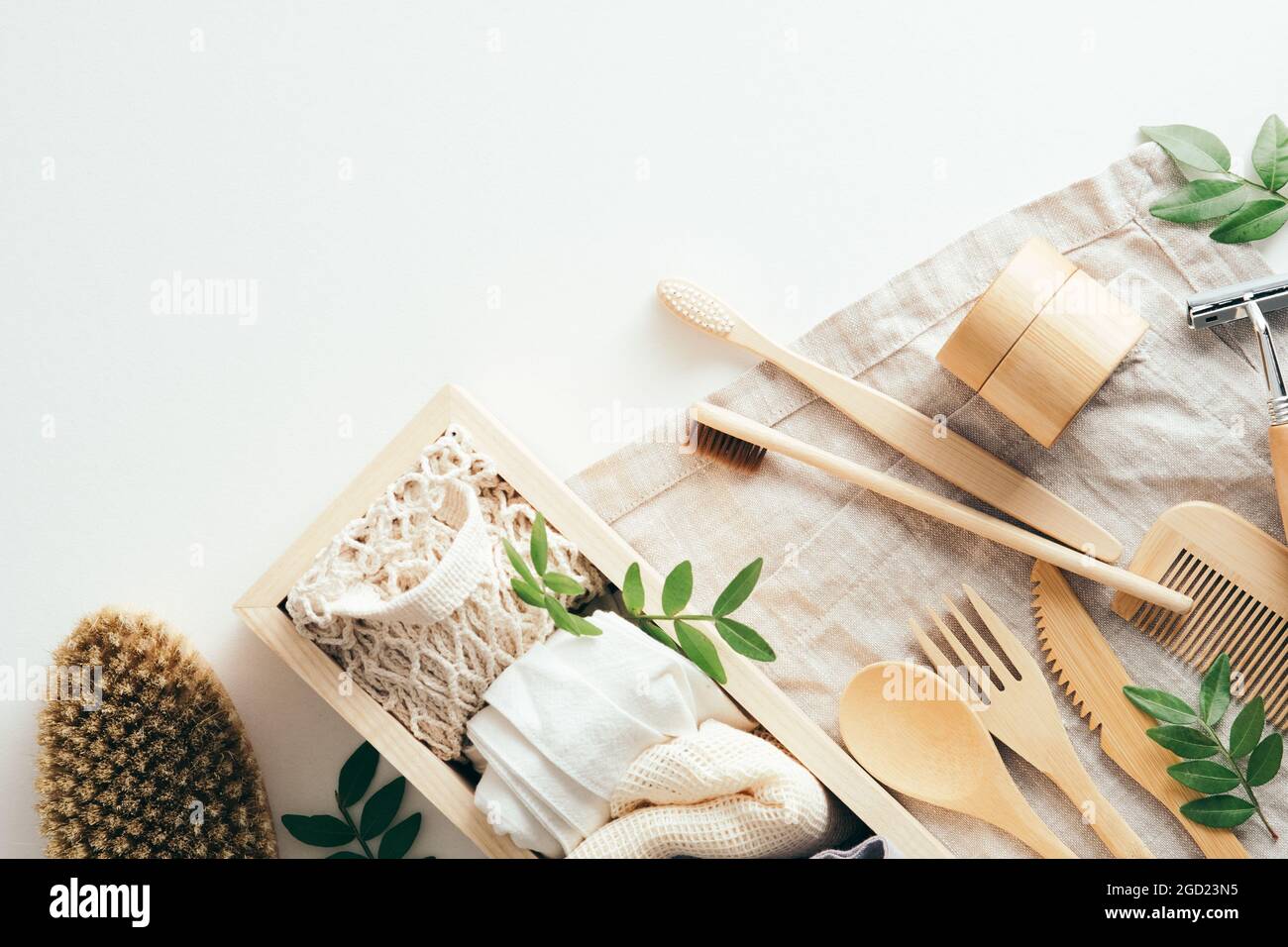 Set of ecofriendly bathroom accessories, bamboo cutlery, eco bags on