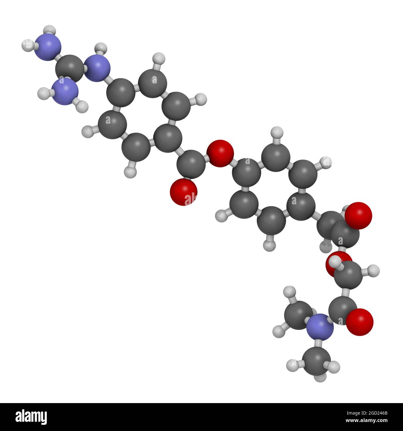 Camostat drug molecule. Serine protease inhibitor, investigated for treatment of Covid-19. 3D render Stock Photo