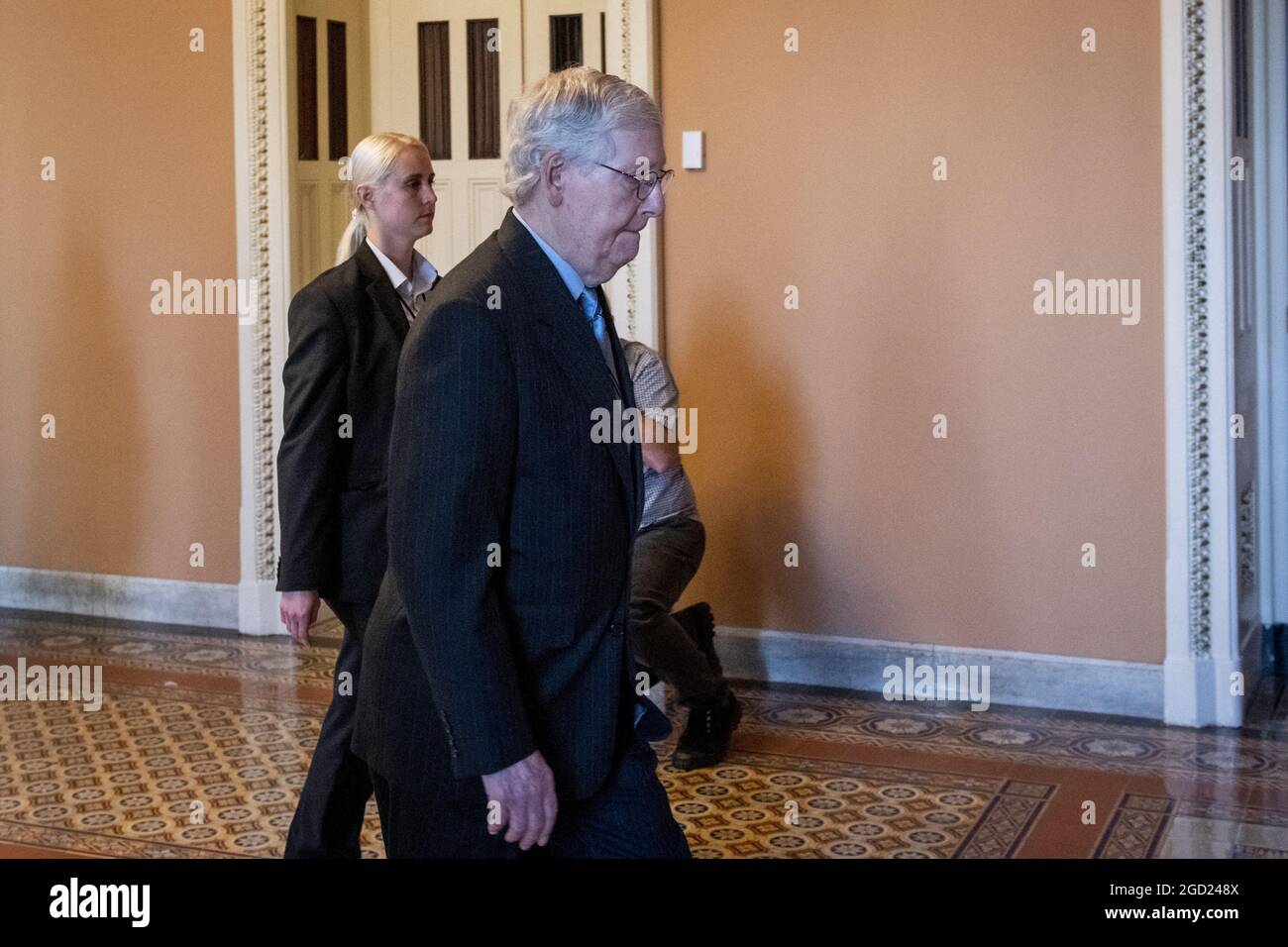 United States Senate Minority Leader Mitch McConnell (Republican of Kentucky) arrives at the US Capitol in Washington, DC, Tuesday, August 10, 2021. The Senate is expected to vote today on final passage of the bipartisan $1 trillion H.R. 3684, Infrastructure Investment and Jobs Act. Photo by Rod Lamkey / CNP/ABACAPRESS.COM Stock Photo