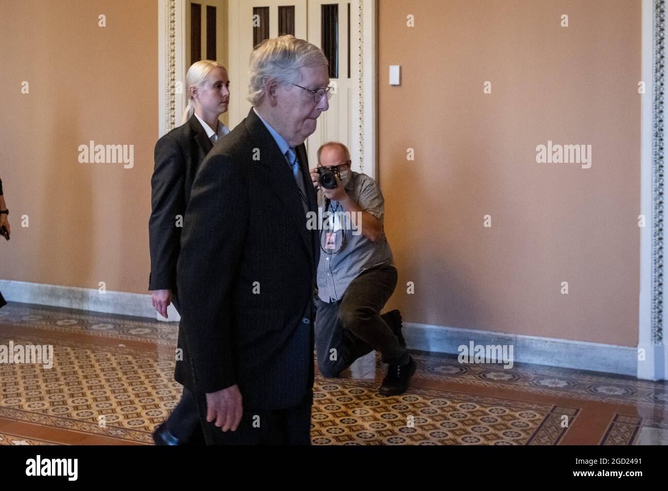 United States Senate Minority Leader Mitch McConnell (Republican of Kentucky) arrives at the US Capitol in Washington, DC, Tuesday, August 10, 2021. The Senate is expected to vote today on final passage of the bipartisan $1 trillion H.R. 3684, Infrastructure Investment and Jobs Act. Photo by Rod Lamkey / CNP/ABACAPRESS.COM Stock Photo