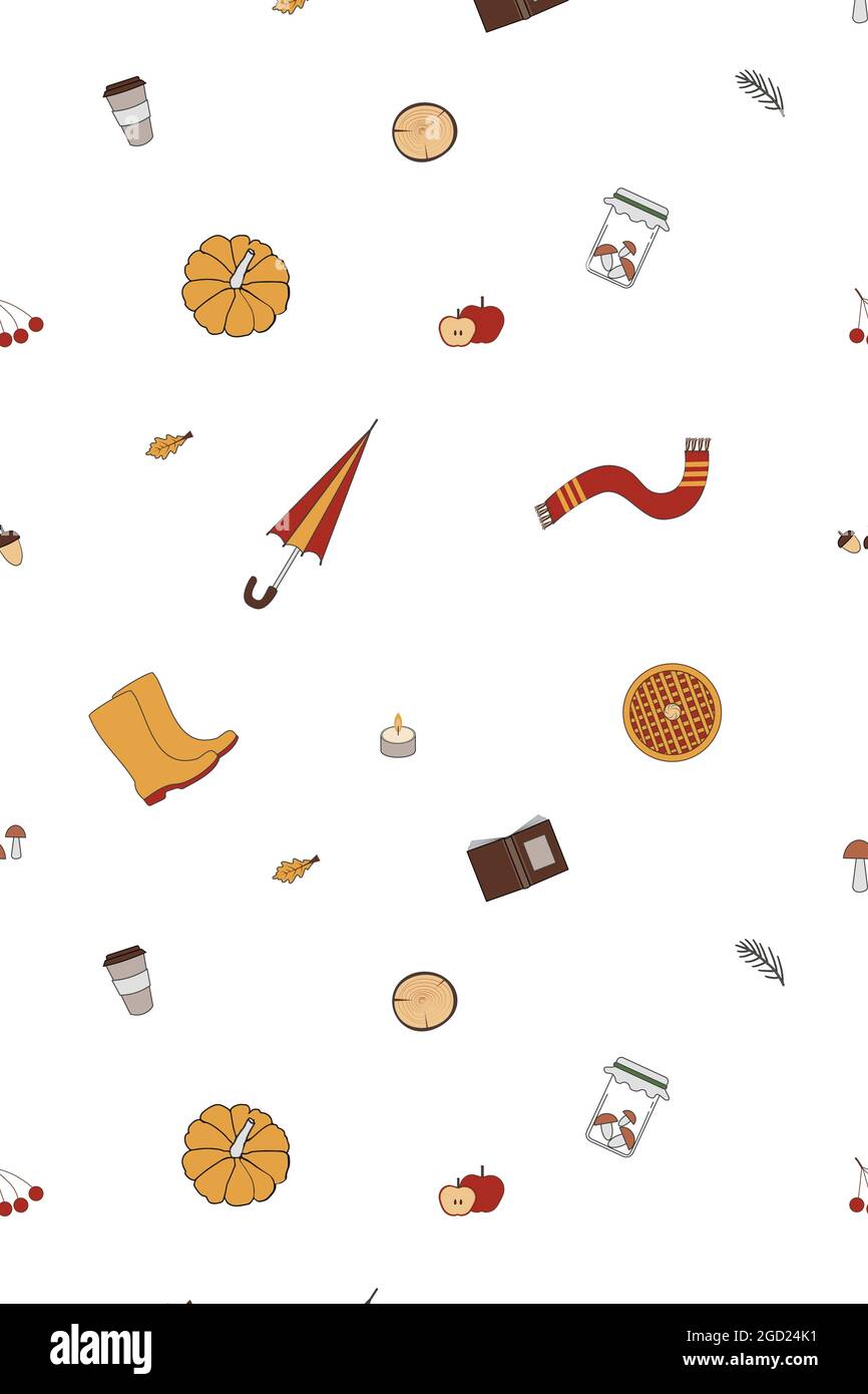 Seamless pattern with autumn objects and elements Stock Vector