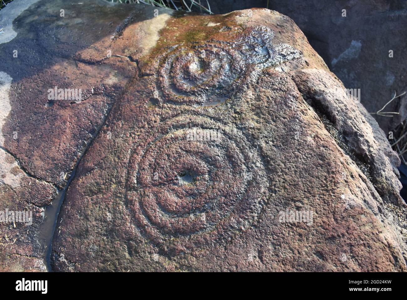 Two spirals carved into a rock by a pre-Hispanic indigenous group. Stock Photo