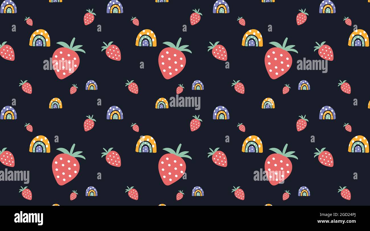 Pattern with strawberries and rainbows on black Stock Vector