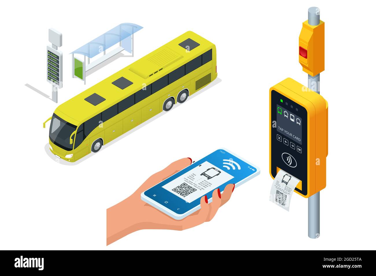 Isometric electronic validator of public transport fare. Contactless  wireless payment via mobile phone. Bus ticket validator. Woman paying  contactless Stock Vector Image & Art - Alamy
