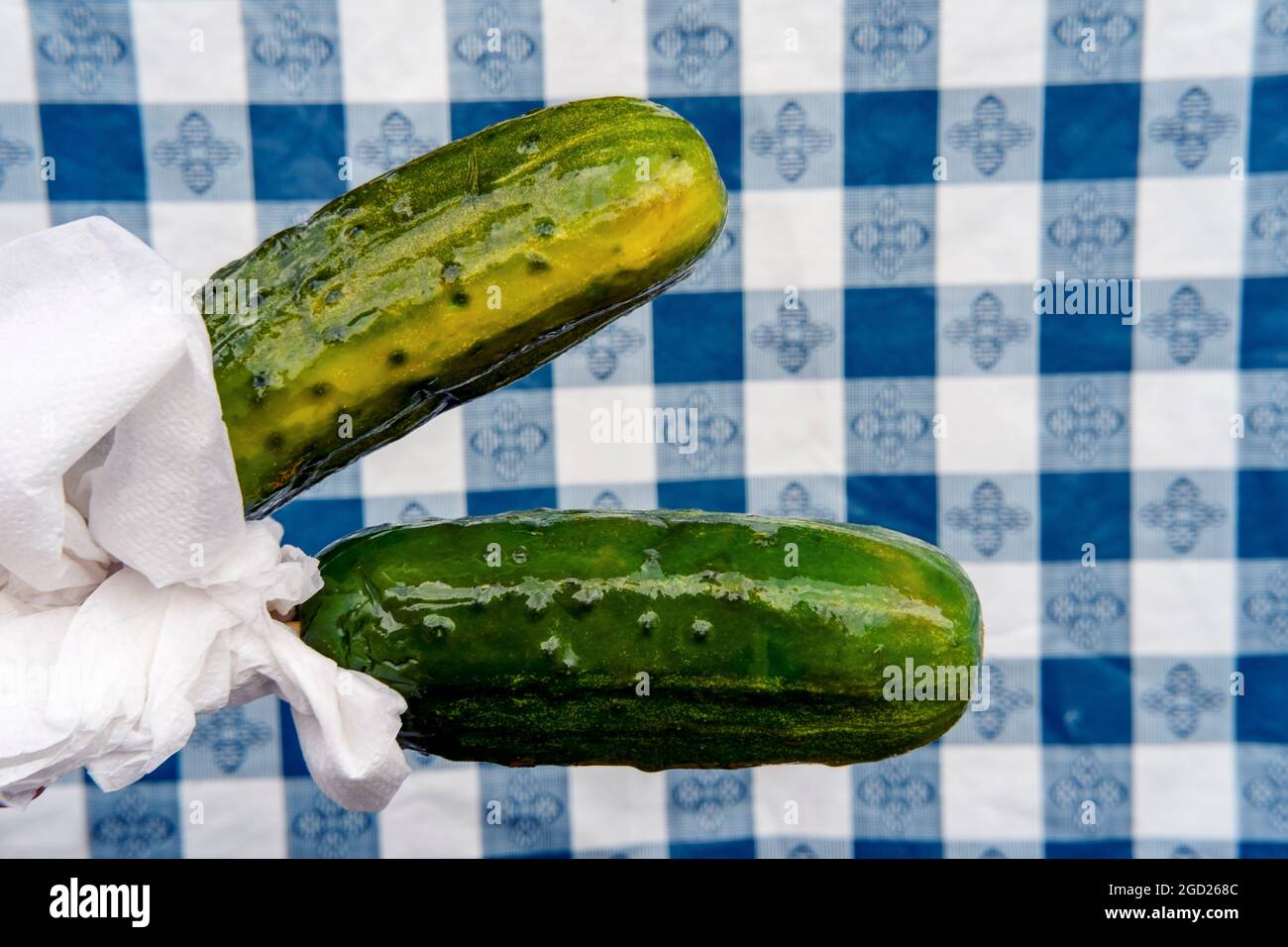 Eating large half sour dill pickle on stick Stock Photo Alamy