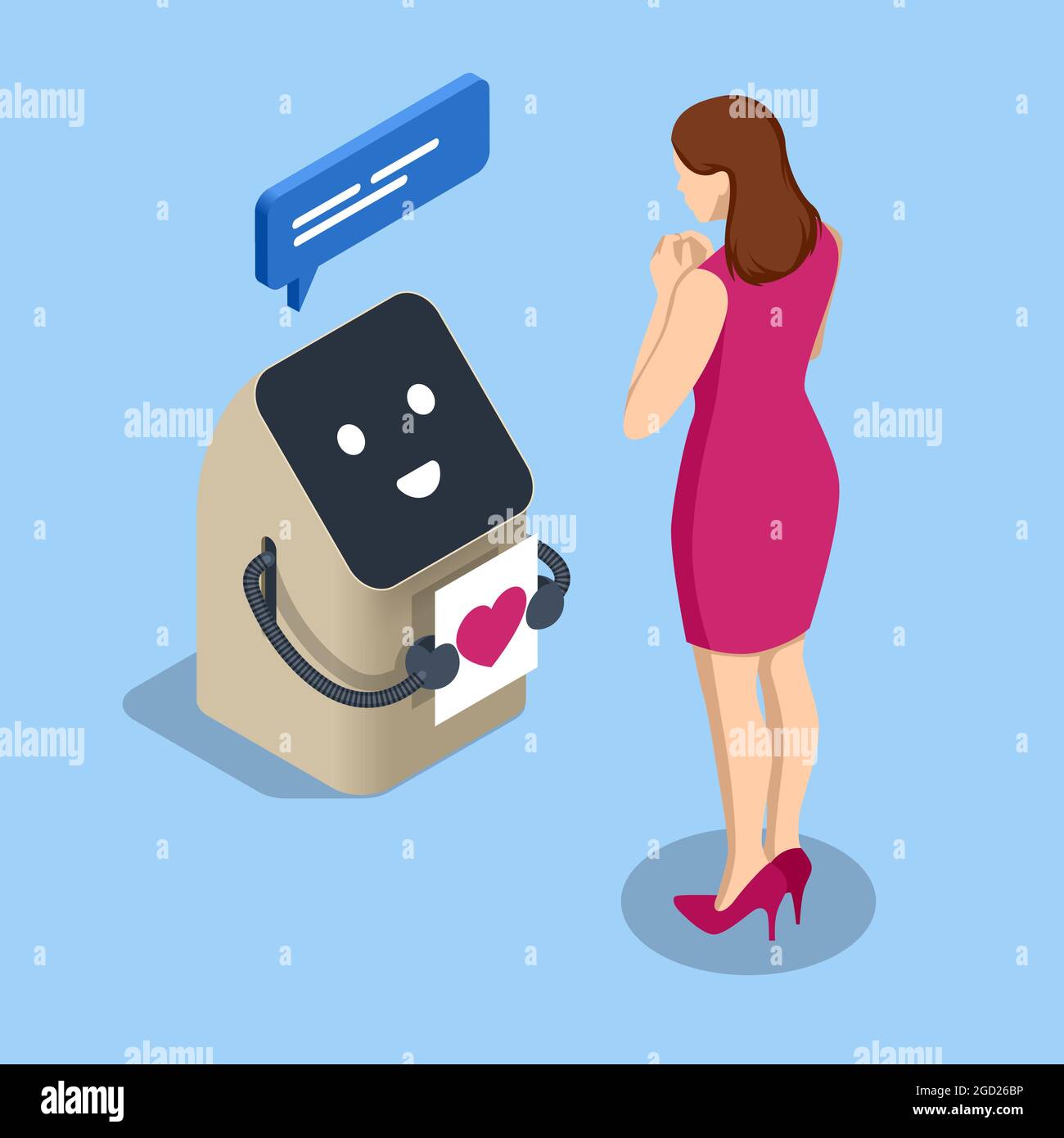 Isometric communication with the robot concept. A robot holding a big red heart. Futuristic concept of relationship between human and artificial Stock Vector