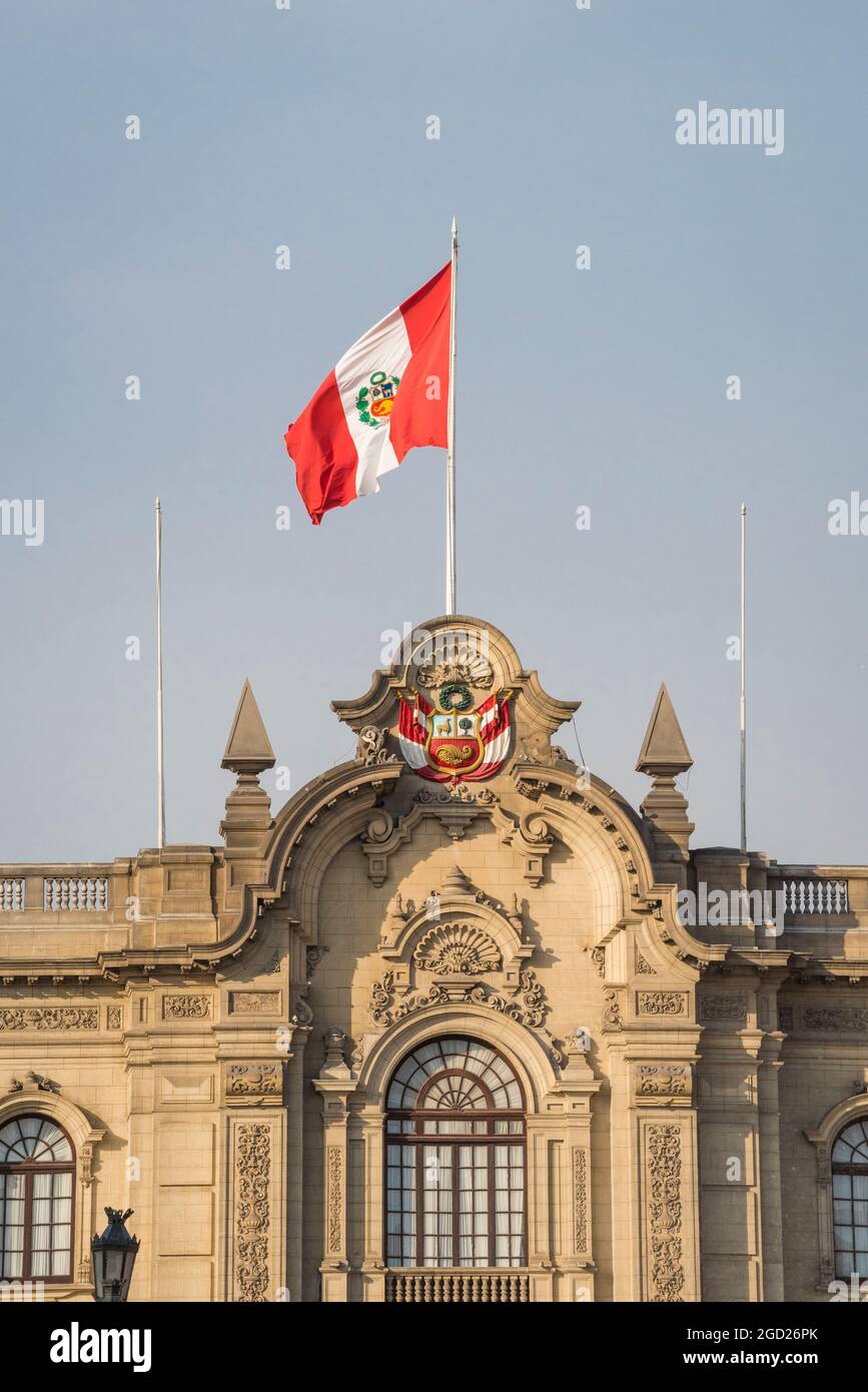 Flag of Peru on Palacio de Gobierno (Government Palace) in Lima, Peru. Stock Photo