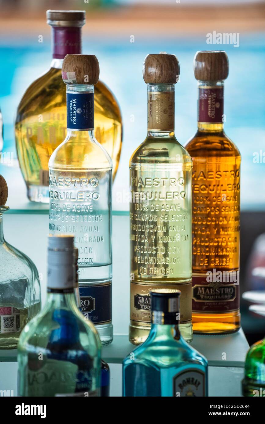 Tequila bottles at the bar in Mantanar Beach Club in Puerto Vallarta, Jalisco, Mexico. Stock Photo